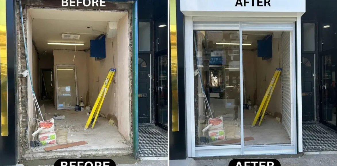 Before and after commercial roller shutter repair project in London