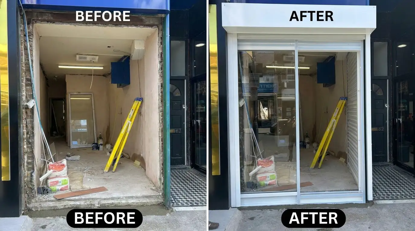 Before and after commercial roller shutter repair project in London